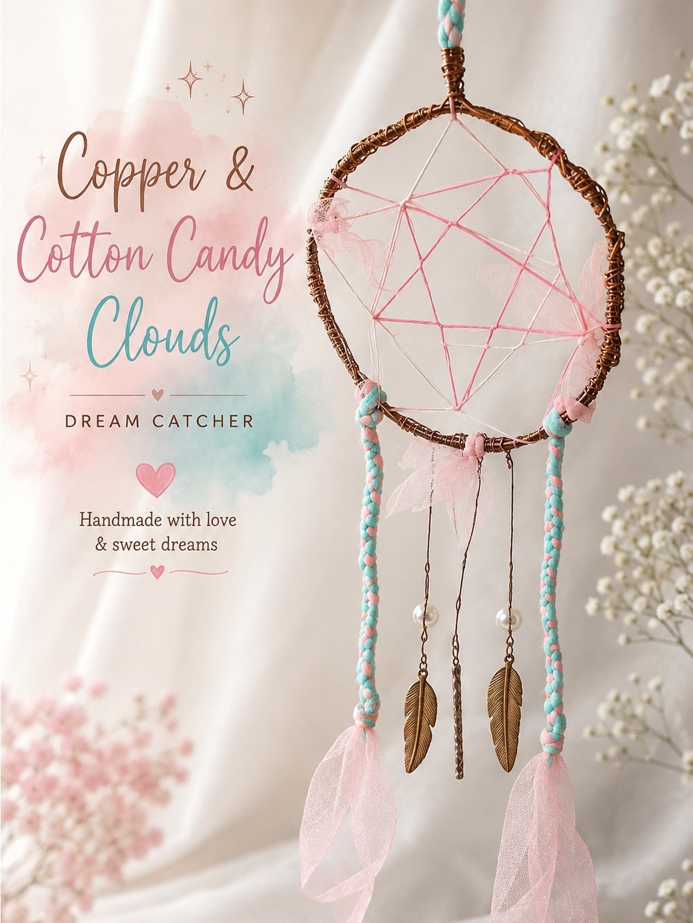 Copper & Cotton Candy Dream Catcher Pink and Teal with real hammered GOLD CHARM